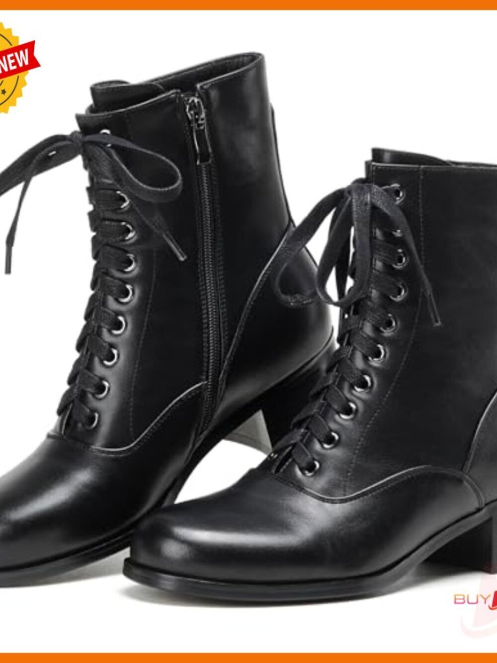 Victorian Lace Up Ankle Boots Side Zipper Chunky Heel Round Toe - Picture 4 of 7